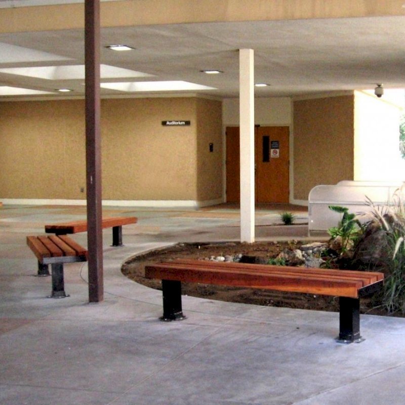 VA Benches (Options: 6 ft, Mature Redwood, Bold Down Legs, No Cushion, No Engraving, Transparent Premium Sealant). Photo Courtesy of the Fresno Veteran's Administration Hospital in Fresno, CA. VA Benches (Options: 6 ft, Mature Redwood, Bold Down Legs, No Cushion, No Engraving, Transparent Premium Sealant). Photo Courtesy of the Fresno Veteran's Administration Hospital in Fresno, CA.