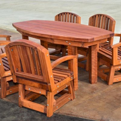 Vera's Outdoor Wood Cocktail Table (Options: Vera's Armchair, 6 ft, 34 1/2" W, Mature Redwood, 30 inch Table Height, 17 inch Stool Height, 6 Chairs, Add 6 Swivels, No Cushion, Standard Tabletop, No Umbrella Hole, Transparent Premium Sealant).