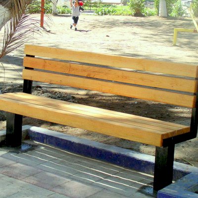 Veterans Wood Bench (Options: 6 ft, Douglas-fir, Extra Long Legs, No Cushion, No Engraving, Transparent Premium Sealant). Photo was taken just after installation - note wet concrete around bench legs.