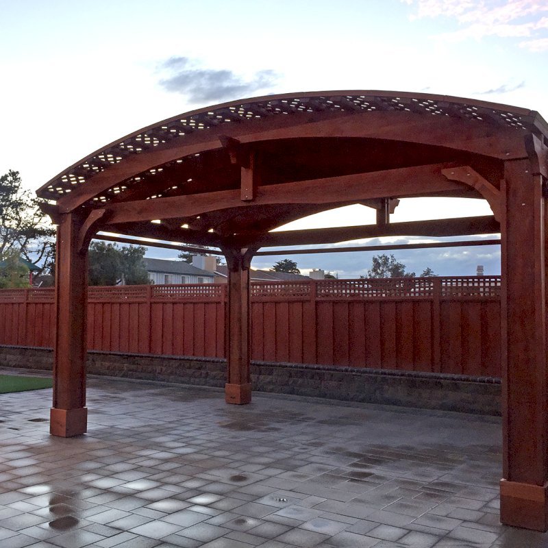 Custom Viking Pergola DIY Kits (Options: 14' L x 20' W, Mature Redwood, Extra Thick Lumber, 3 Curtain Rods, 4-Post Anchor Kit for Concrete, Transparent Premium Sealant). Photo Courtesy of R. Huckaby of Foster City, CA. Custom Viking Pergola DIY Kits (Options: 14' L x 20' W, Mature Redwood, Extra Thick Lumber, 3 Curtain Rods, 4-Post Anchor Kit for Concrete, Transparent Premium Sealant). Photo Courtesy of R. Huckaby of Foster City, CA.