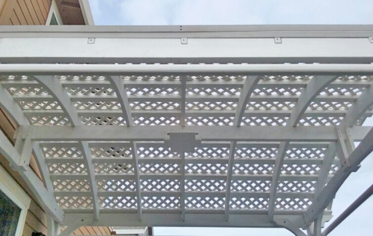 Viking Pergola DIY Kit (Options: 14' L x 14' W, Douglas-fir, Electrical Wiring Trim Kit for 1 Post, 4-Post Anchor Kit for Concrete, 3 Curtain Rods, Off-White Oil-Based Primer). Photo Courtesy of G. Bala of Santa Rosa, CA. Viking Pergola DIY Kit (Options: 14' L x 14' W, Douglas-fir, Electrical Wiring Trim Kit for 1 Post, 4-Post Anchor Kit for Concrete, 3 Curtain Rods, Off-White Oil-Based Primer). Photo Courtesy of G. Bala of Santa Rosa, CA.