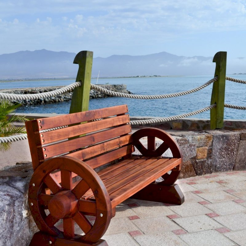 Wagon Wheel Bench (Options. 5 ft, Old-Growth Redwood, No Cushion, No Engraving, Transparent Premium Sealant). Wagon Wheel Bench (Options. 5 ft, Old-Growth Redwood, No Cushion, No Engraving, Transparent Premium Sealant).