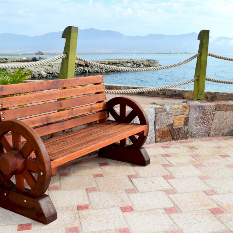 Wagon Wheel Bench (Options. 5 ft, Old-Growth Redwood, No Cushion, No Engraving, Transparent Premium Sealant). Wagon Wheel Bench (Options. 5 ft, Old-Growth Redwood, No Cushion, No Engraving, Transparent Premium Sealant).