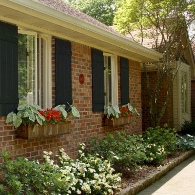 Window Box Planters (Options: 48" L, 9" W, 9" H, Standard Base, Redwood, Add Steel Hangers, No Railing Strips, No Growing Vegetables, Transparent Premium Sealant). Photo Courtesy of Juliet M. of Dunwoody, GA.