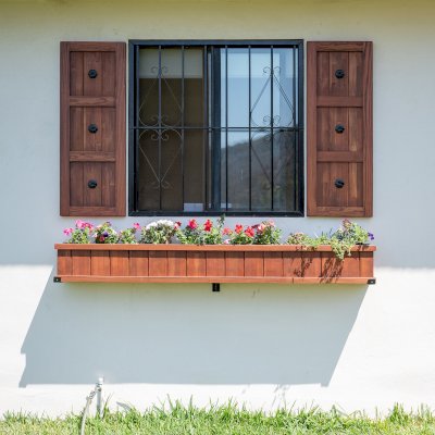 Window Box Planters (Options: 84" L, 9" W, 10.5" H, Standard Base, Mosaic Douglas, with Steel Hangers, No Railing Strips, No Growing Vegetables, Coffee Stain Premium Sealant). Photo Also Shows 2 Shutters.