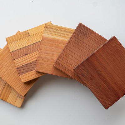 Wood Samples (From Left to Right: Mosaic Douglas, Douglas-fir, Mosaic Redwood, California Redwood, Mature Redwood, Old-Growth Redwood).