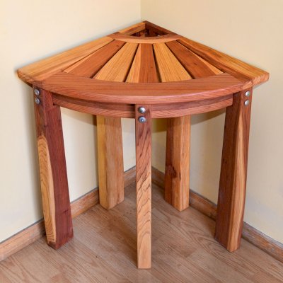 Wooden Corner Shower Bench (Options: Redwood, 24" H, Transparent Premium Sealant).