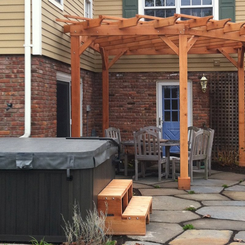 Wooden Spa Step (Options: 48" x 22" x 18H", Redwood, No Engraving, Transparent Premium Sealant). Photo Shows Custom Pergola in Background. Photo courtesy of Deborah Pasik of Morrisontown, New Jersey. Wooden Spa Step (Options: 48" x 22" x 18H", Redwood, No Engraving, Transparent Premium Sealant). Photo Shows Custom Pergola in Background. Photo courtesy of Deborah Pasik of Morrisontown, New Jersey.