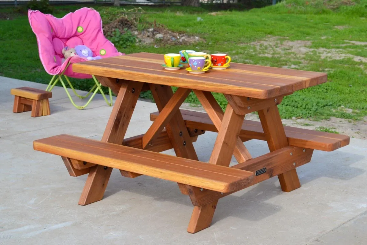 Kid Size Wood Picnic Table (Attached Benches)