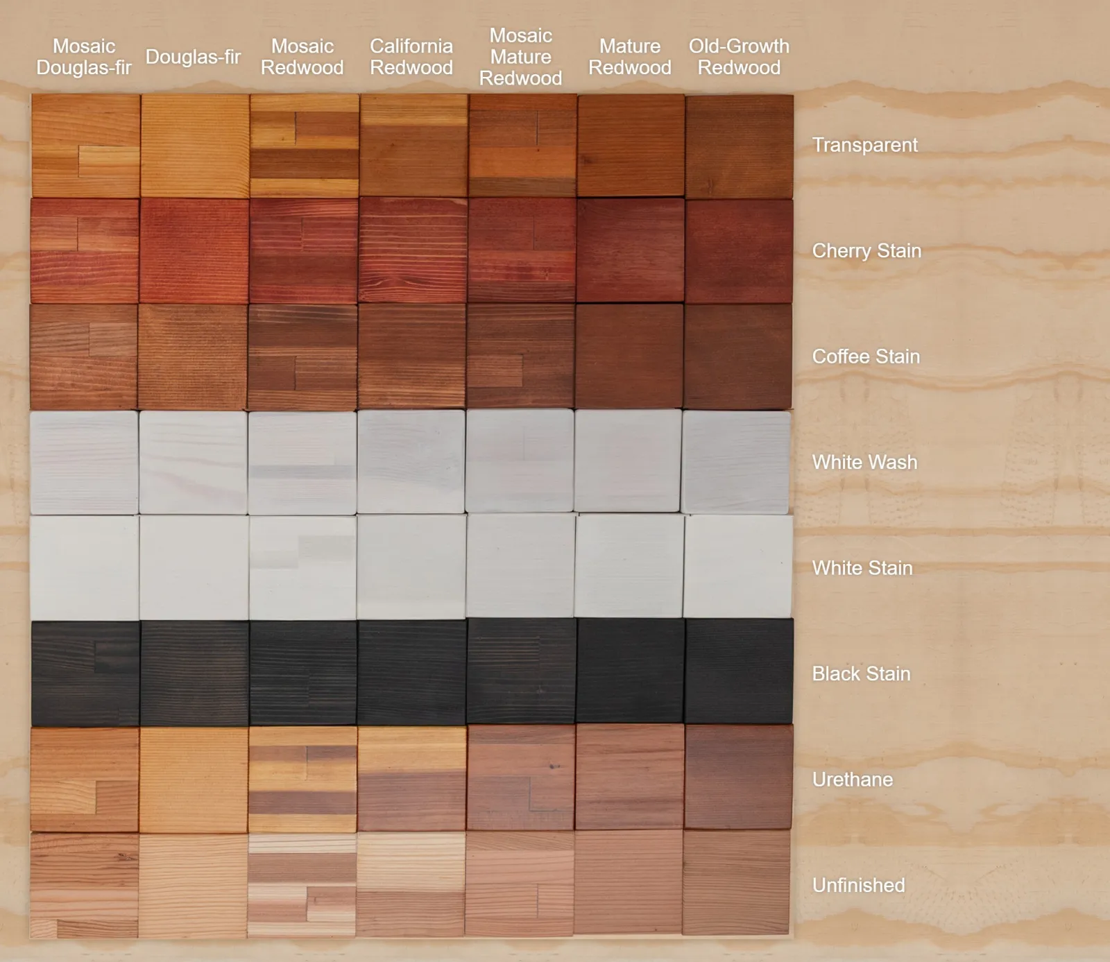 All our finish options on our 7 wood grades, side by side.