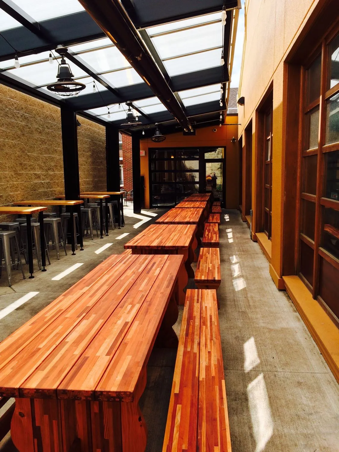 Trestle Natural Wood Outdoor Tables in Brewery Vivant, Grand Rapids - MI