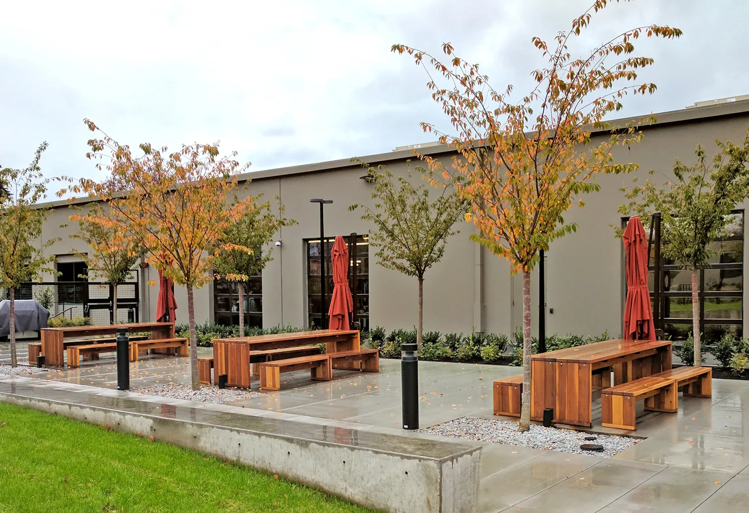 Maynard Modern Redwood Patio Tables in Hewlett Packard, Vancouver Offices