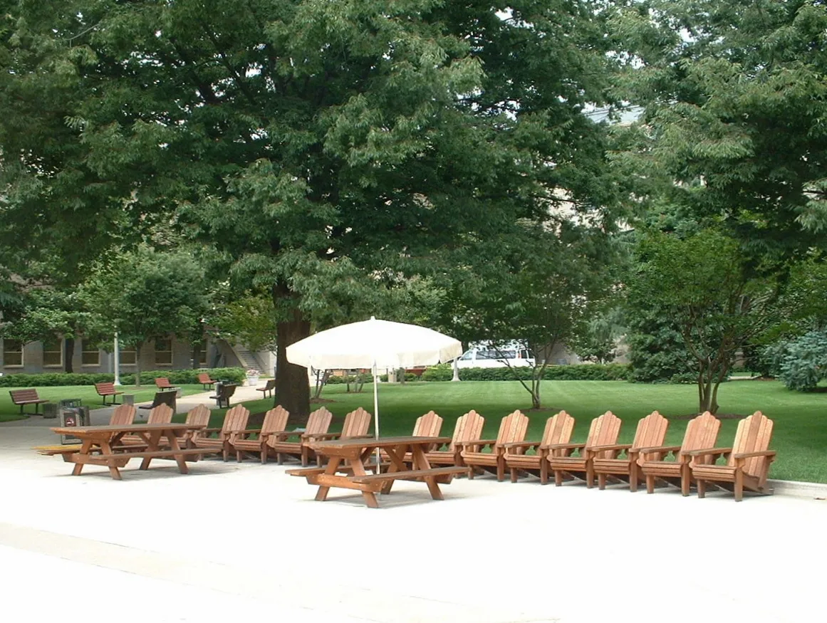 Forever Picnic Tables (attached Benches) & Redwood Adirondack Chairs in The Pentagon
