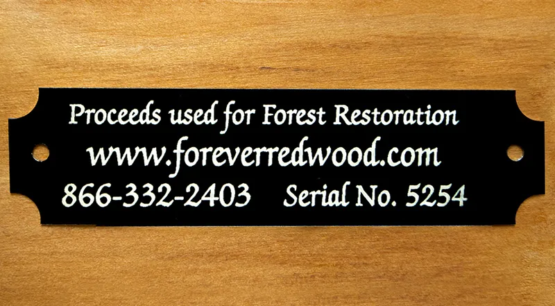 Forever Redwood aluminum serial plaque