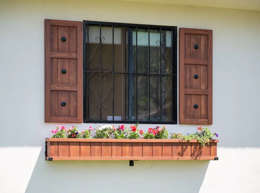 Decorative Redwood Shutters Set (Options: 18in W x 4ft H, Mosaic Douglas-fir, Coffee-Stain Premium Sealant). Photo Also shows a 7' L window planter. 