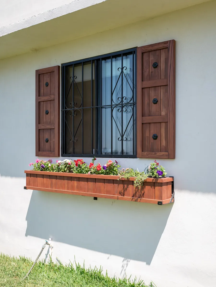 Decorative Redwood Shutters Set (Options: 18in W x 4ft H, Mosaic Douglas-fir, Coffee-Stain Premium Sealant). Photo Also shows a 7' L window planter. 