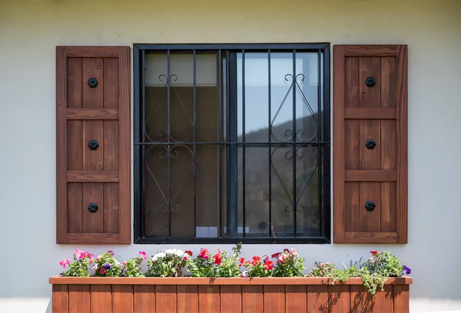Decorative Redwood Shutters Set (Options: 18in W x 4ft H, Mosaic Douglas-fir, Coffee-Stain Premium Sealant). Photo Also shows a 7' L window planter. 