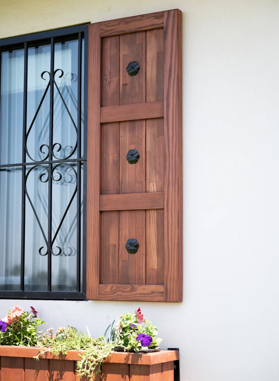 Decorative Redwood Shutters Set (Options: 18in W x 4ft H, Mosaic Douglas-fir, Coffee-Stain Premium Sealant). 