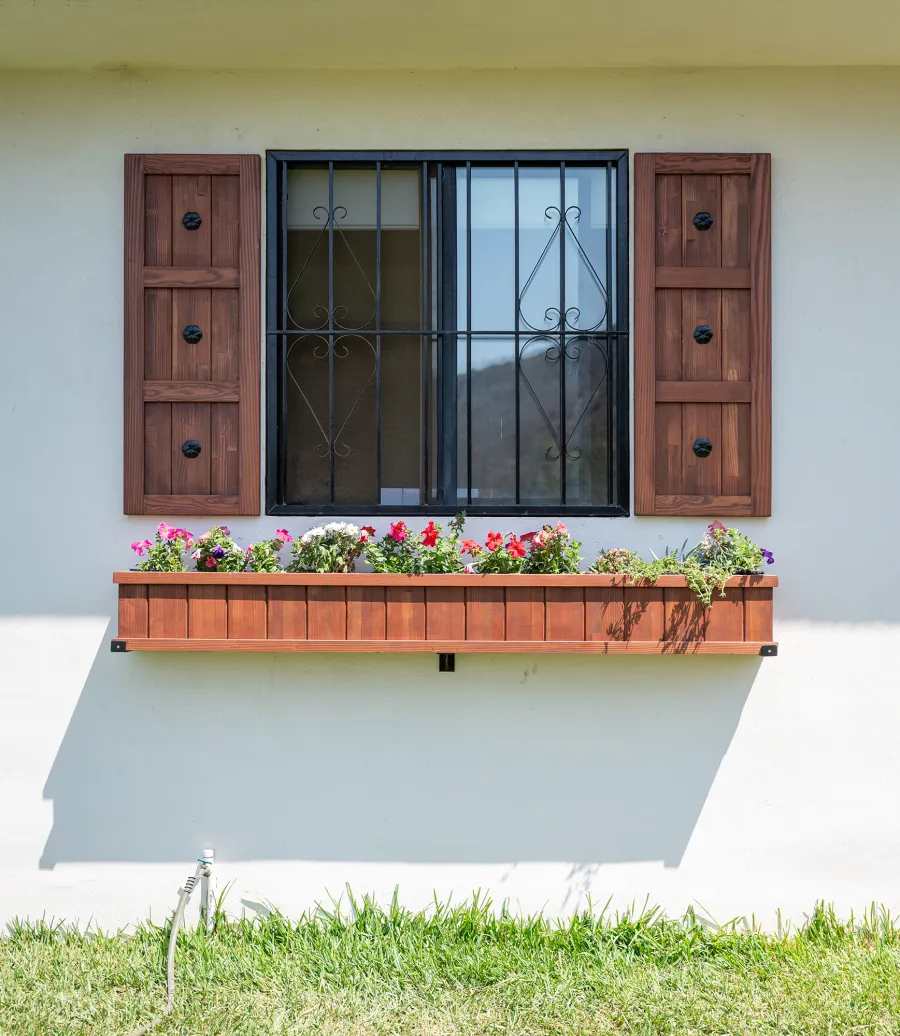 Decorative Redwood Shutters Set (Options: 18in W x 4ft H, Mosaic Douglas-fir, Coffee-Stain Premium Sealant). Photo Also shows a 7' L window planter. 