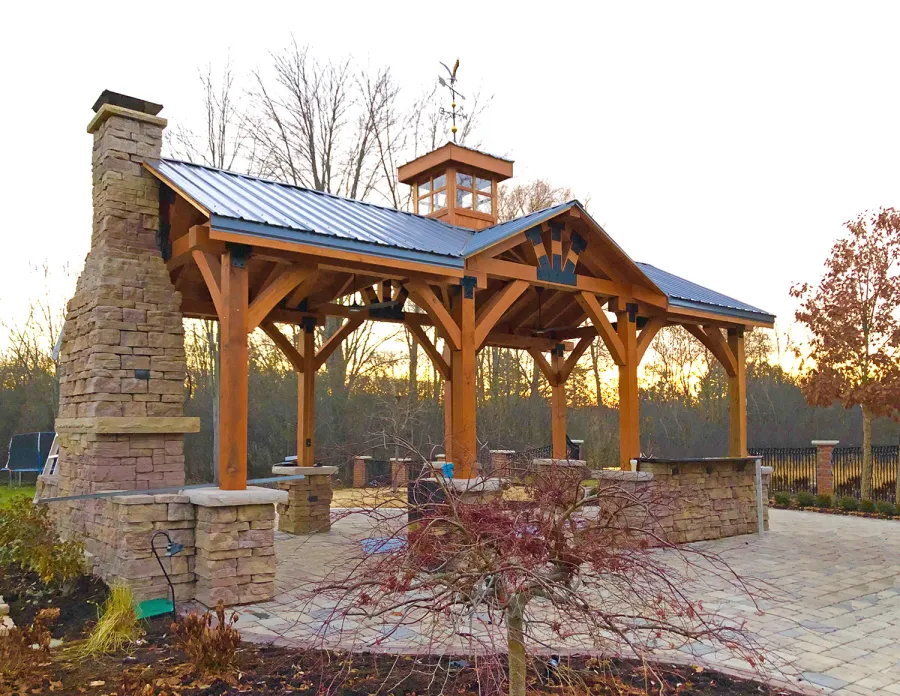 Andrea's Cupola Pavilion (Options: 30ft x 15ft, Douglas-Fir, No Electrical Wiring Trim Kit, Posts Anchor Kit for High-Wind, Transparent Premium Sealant). Photo Courtesy of C. O'Connell of Farmington Hills, Michigan.