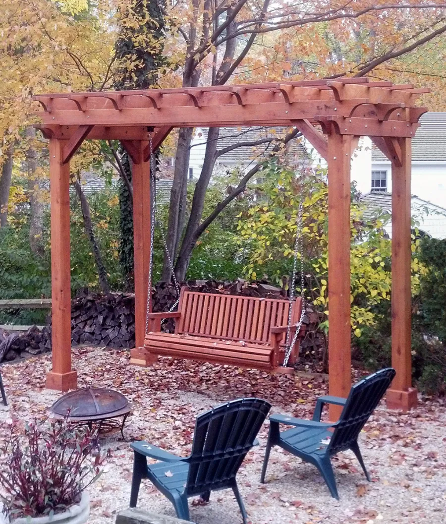 Custom Angel's Trellis Swing (Options: 12' x 5', Mature Redwood, Open Roof Instead of Lattice Panels, Classic Bench Swing, Transparent Premium Sealant).