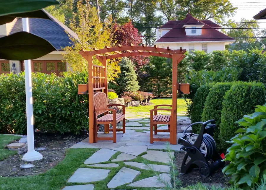 Custom Arched Garden Arbor (Options: Mature Redwood, Transparent Premium Sealant) with 2 Box Planters and 2 Luna Benches. Photo Courtesy of Alex Amodio, Owner/ Park Avenue Gardens, L.L.C.