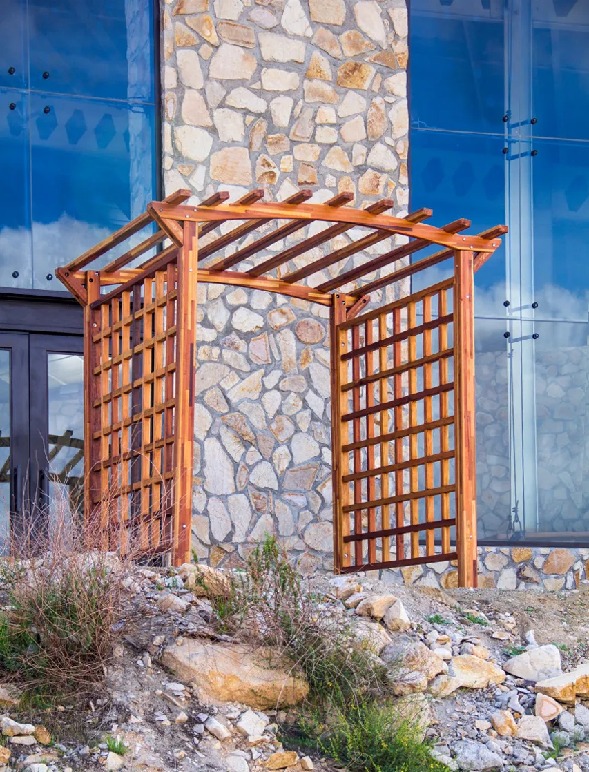 Arched Garden Arbor (Options: 96" W x 96" D, Mosaic Redwood, No Anchor Kit, Transparent Premium Sealant).
