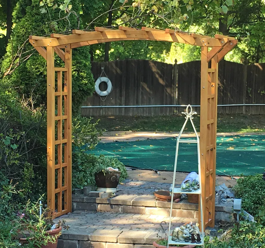 Arched Garden Arbor (Options: 96" W x Custom 24" D, Douglas-fir, No Anchor Kit, Transparent Premium Sealant). Photo Courtesy of Alexander Q. of Scotch Plains, NJ.