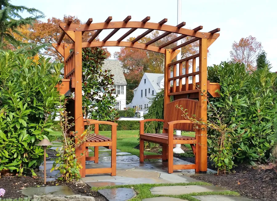 Custom Arched Garden Arbor. Includes 2 Luna benches and 2 window box planters. Photo Courtesy of Alex A. of Ocean, New Jersey.