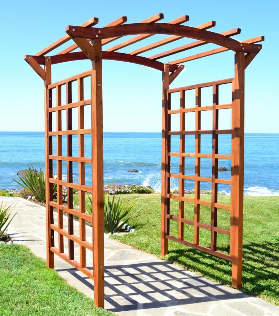 Arched Garden Arbor (Options: 96" W x 48" D, Mature Redwood, No Anchor Kit, Transparent Premium Sealant).