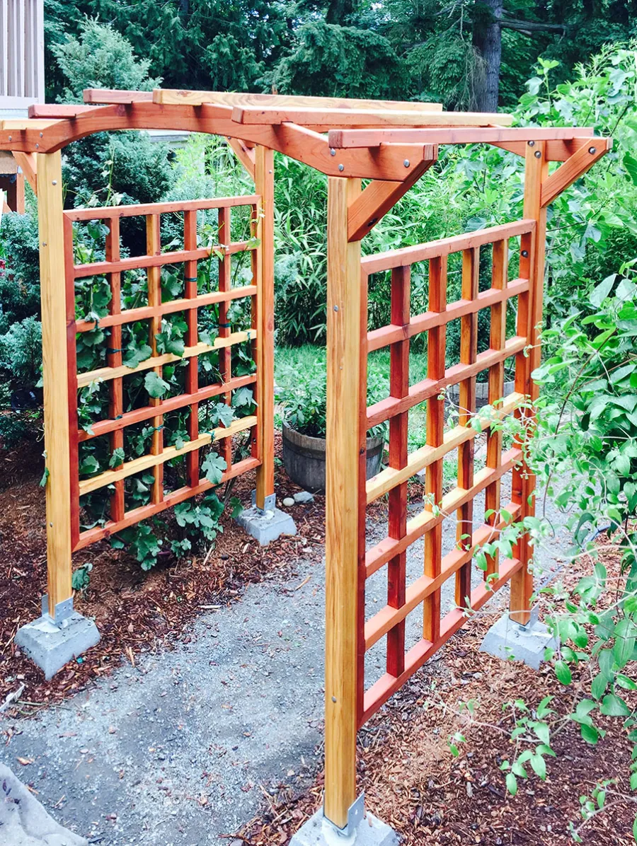 Arched Garden Arbor (Options: 48" W x 60" D, California Redwood, No Anchor Kit, Transparent Premium Sealant). Photo Courtesy of Evelyn and Dan Martin of Poulsbo, Washington.