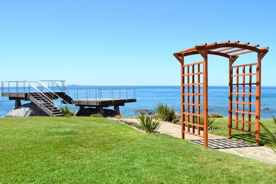 Arched Garden Arbor (Options: 96" W x 48" D, Mature Redwood, No Anchor Kit, Transparent Premium Sealant).