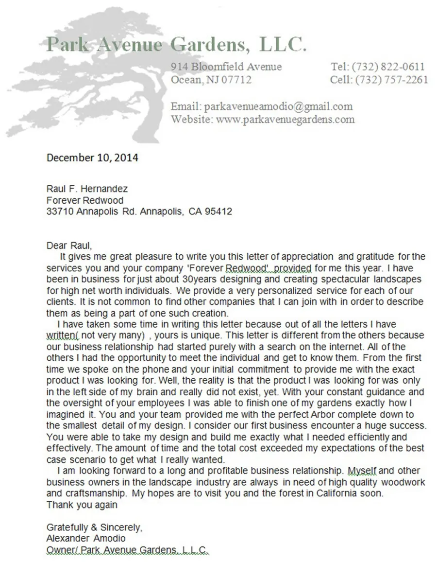 Letter of Appreciation from Alex Amodio, Owner/ Park Avenue Gardens, L.L.C.