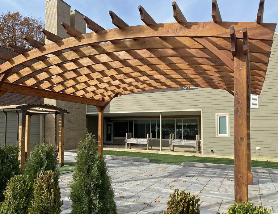 Arched Open Sky Pergolas (Options: 16' L x 20' Arc W, Mature Redwood, No Electrical Wiring Trim, 4-Post Anchor Kit for Concrete, No Ceiling Fan Base, No Privacy Panels, No Curtain Rods, 9.5' Post Height, Transparent Premium Sealant). Photo Courtesy of S. Glancy of Gibsonia, PA.