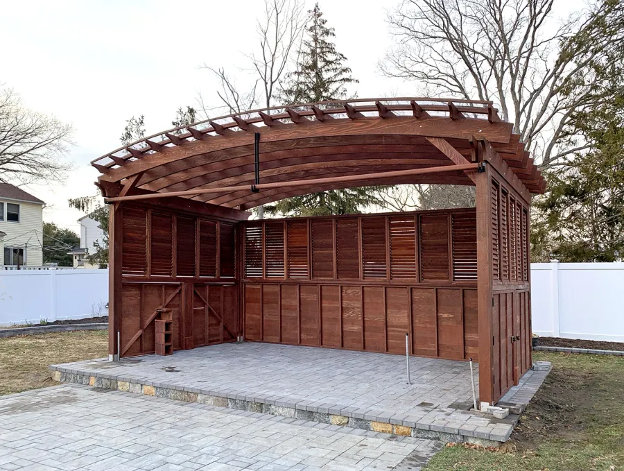 Arched Open Sky Pergolas (Options: 14' L x 24' Arc W, California Redwood, with Transparent Rain Guard, Electrical Wiring Trim for 2 Posts, 4-Post Anchor Kit for High-Wind, No Ceiling Fan Base, Combination of 4 Different Privacy Panels, 1 Curtain Rod, 11' Post Height, Coffee-Stain Premium Sealant).