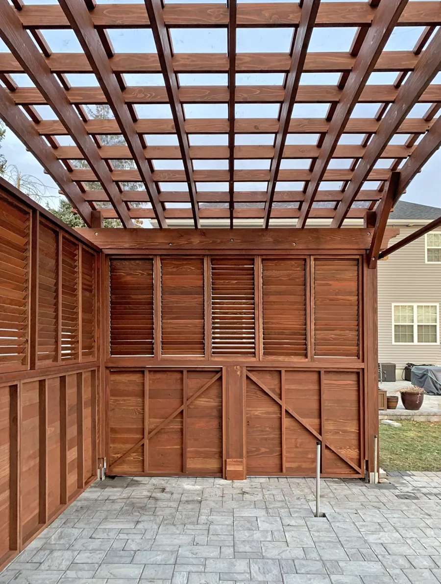 Arched Open Sky Pergolas (Options: 14' L x 24' Arc W, California Redwood, with Transparent Rain Guard, Electrical Wiring Trim for 2 Posts, 4-Post Anchor Kit for High-Wind, No Ceiling Fan Base, Combination of 4 Different Privacy Panels, 1 Curtain Rod, 11' Post Height, Coffee-Stain Premium Sealant).