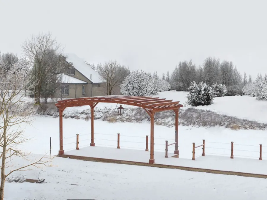 Arched Open Sky Pergolas (Options: 14' L x 22' Arc W, California Redwood, Unattached, No Electrical Wiring Trim, Arched Roof without Lattice Panels, 4-Post Anchor Kit for Concrete, No Ceiling Fan Base, No Privacy Panels, No Curtain Rods, 9.5' Post Height, Transparent Premium Sealant). Photo courtesy of Douglas McGee of Clayton, New York.