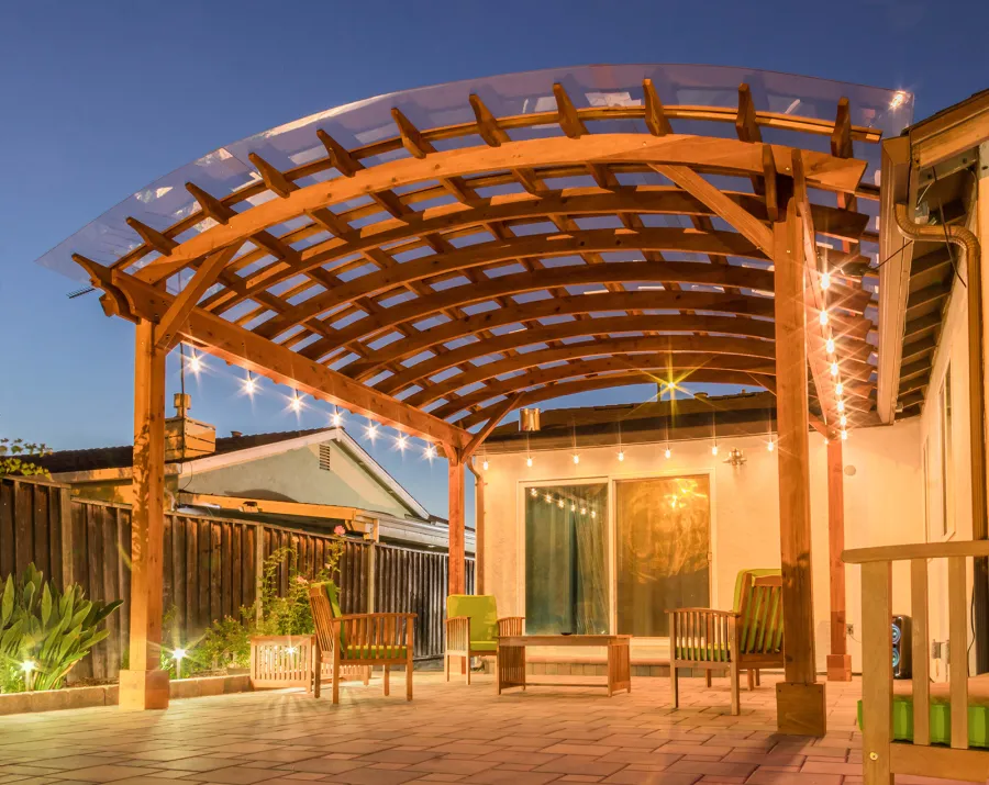 Arched Open Sky Pergolas (Options: 18' L x 16' Arc W, California Redwood, with Rain Guard, Electrical Wiring Trim for All Posts, 4-Post Anchor Kit for Concrete, No Ceiling Fan Base, No Privacy Panels, No Curtain Rods, 9.5' Post Height, Transparent Premium Sealant).