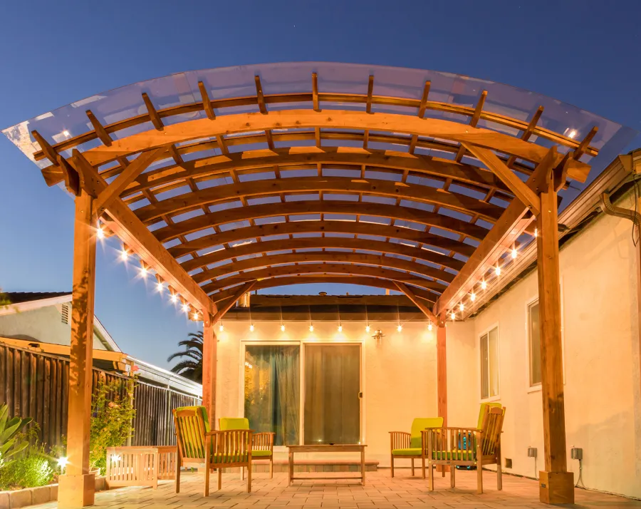Arched Open Sky Pergolas (Options: 18' L x 16' Arc W, California Redwood, with Rain Guard, Electrical Wiring Trim for All Posts, 4-Post Anchor Kit for Concrete, No Ceiling Fan Base, No Privacy Panels, No Curtain Rods, 9.5' Post Height, Transparent Premium Sealant).
