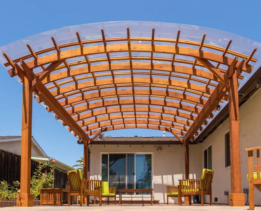 Arched Open Sky Pergolas (Options: 18' L x 16' Arc W, California Redwood, with Rain Guard, Electrical Wiring Trim for All Posts, 4-Post Anchor Kit for Concrete, No Ceiling Fan Base, No Privacy Panels, No Curtain Rods, 9.5' Post Height, Transparent Premium Sealant).