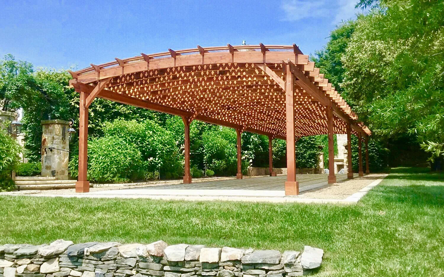 Arched Pergola Kit, 74' L x 18.5' Arc W, Mature Redwood, in The Plains, VA