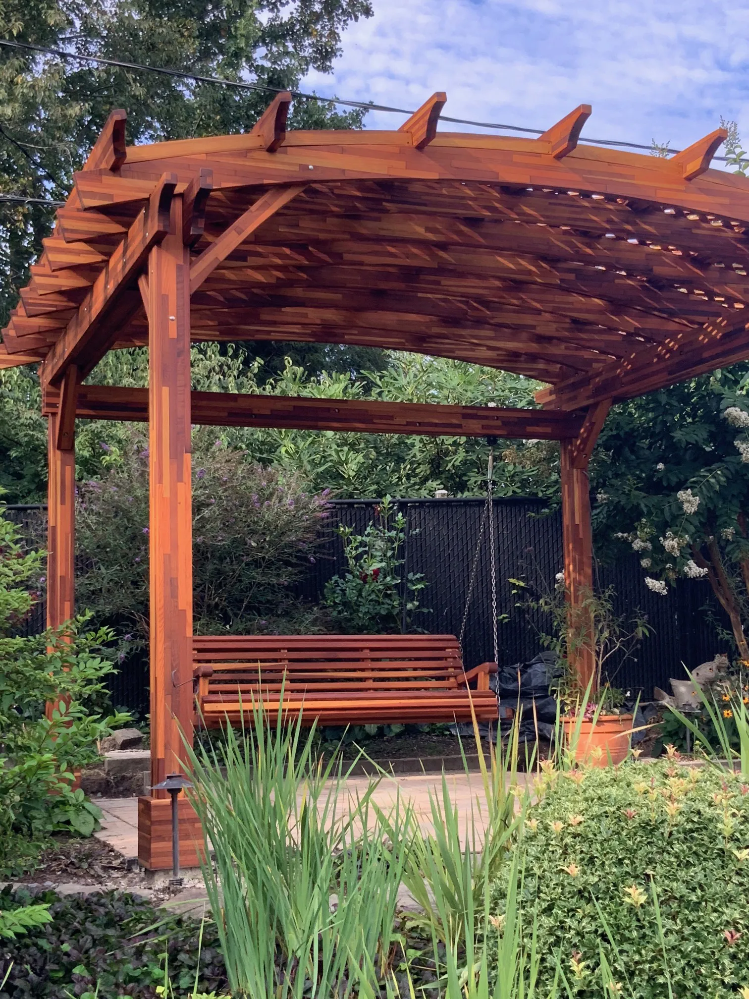 Arched Pergola Kit, 12.5' L x 14' Arc W, Mosaic Redwood, in Bowie, NY