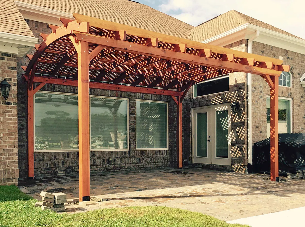 Arched Pergola Kits, 18' L x 15' Arc W, Mature Redwood, in Little River, South Carolina