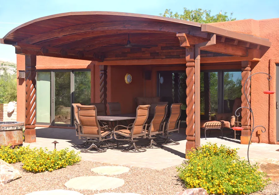 Custom Arched Thick Timber Pavilion (Options: 14' L x 18' Arc W, Douglas-fir, Attached, No Electrical Wiring Trim, No Posts, Pavilion Roof Installed on Existing Load Bearing Columns [Manufactured by https://southwestspiraldesigns.com], No Ceiling Fan Base, No Privacy Panel, No Curtain Rods, 10ft H, Coffee-Stain Premium Sealant). Photo Courtesy of R. Gatz of Green Valley, Arizona.