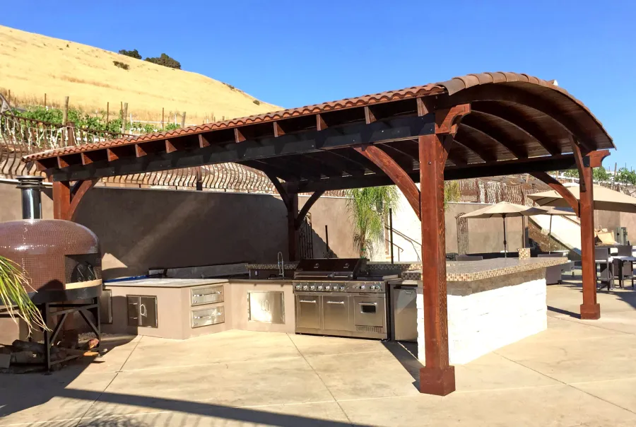 Arched Thick Timber Pavilion (Options: 24' L x 22' Arc W, California Redwood, No Electrical Wiring Trim, 4-Post Anchor Kit for Concrete, No Ceiling Fan Base, No Privacy Panel, No Curtain Rods, 10ft H, Transparent Premium Sealant).