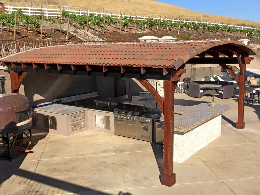 Arched Thick Timber Pavilion (Options: 24' L x 22' Arc W, California Redwood, No Electrical Wiring Trim, 4-Post Anchor Kit for Concrete, No Ceiling Fan Base, No Privacy Panel, No Curtain Rods, 10ft H, Transparent Premium Sealant).