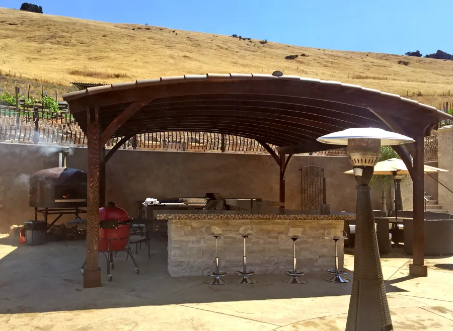 Arched Thick Timber Pavilion (Options: 24' L x 22' Arc W, California Redwood, No Electrical Wiring Trim, 4-Post Anchor Kit for Concrete, No Ceiling Fan Base, No Privacy Panel, No Curtain Rods, 10ft H, Transparent Premium Sealant).