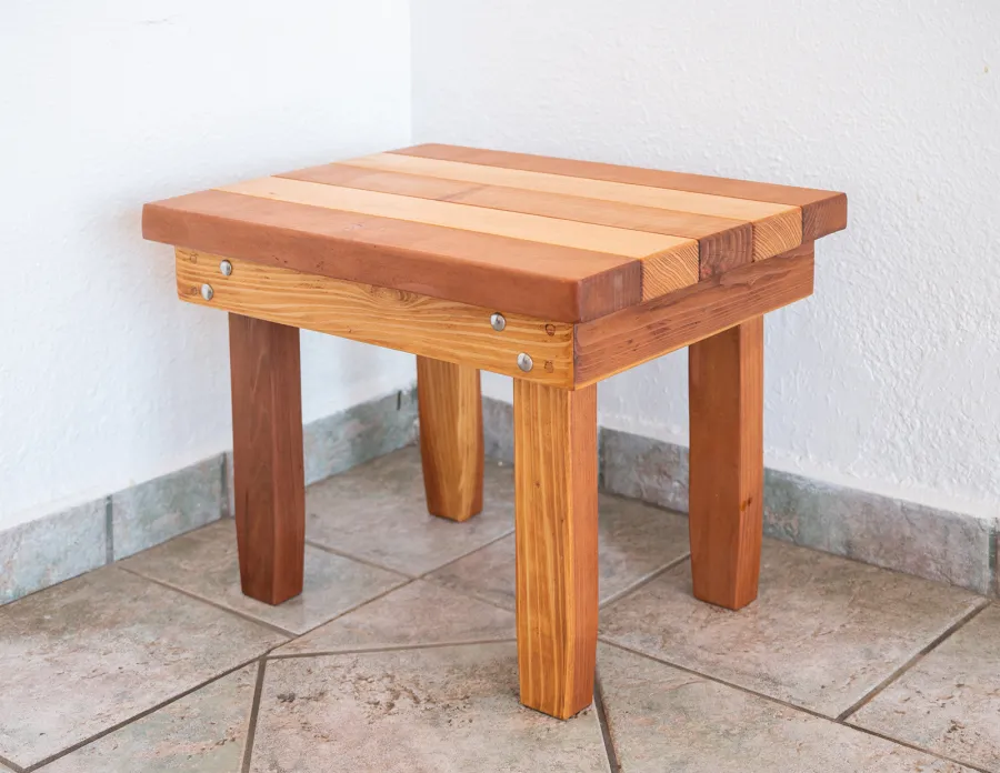 Ashley's Multi Colored Wood Table (Options: 24" L x 18" W, California Redwood and Old-Growth Redwood, 18"H, Transparent Premium Sealant).