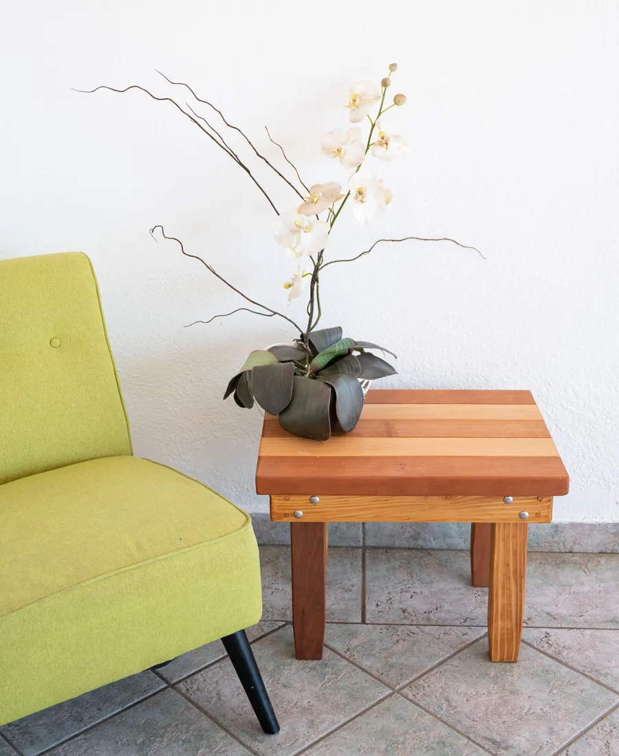 Ashley's Multi Colored Wood Table (Options: 24" L x 18" W, California Redwood and Old-Growth Redwood, 18"H, Transparent Premium Sealant).