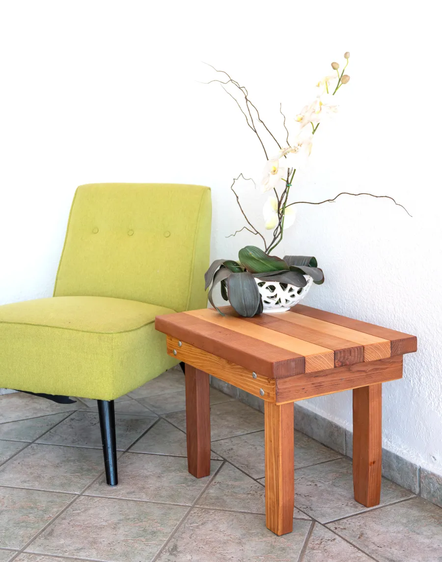 Ashley's Multi Colored Wood Table (Options: 24" L x 18" W, California Redwood and Old-Growth Redwood, 18"H, Transparent Premium Sealant).